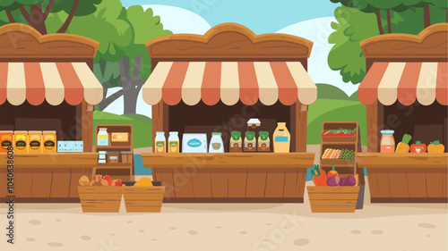 Outdoor farm market stalls, wooden fair booths or kiosks with striped awning and farmer food honey, dairy products and vegetables. Wood vendor counters for street trading, Cartoon vector illustration