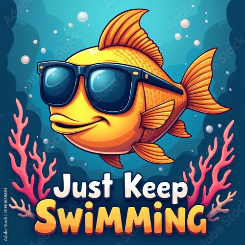 Cool Cartoon Fish Wearing Sunglasses & Saying 'Just Keep Swimming' for Design