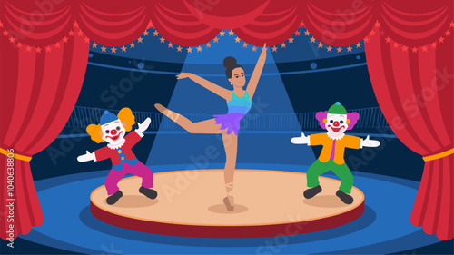 Circus performers on arena background. Vector cartoon illustration of female gymnast in sparkling acrobat costume, funny clowns in color costumes, round concert stage decorated with red curtains