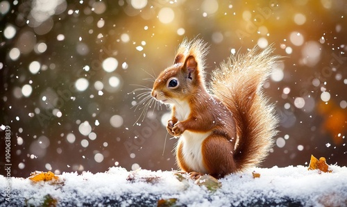 Cute red squirrel in the falling snow, winter in England