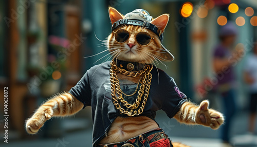cool red cat rapper dancing on the street