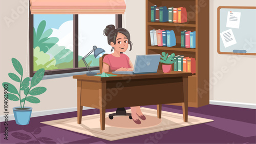 Girl sitting on window workspace desk at home office vector background. Teen room design and furniture for education with table, computer and chair. Indoor female student workplace illustration