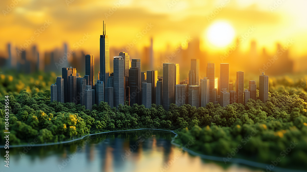 Fototapeta premium The skyline showcases innovative architecture at sunset, integrating renewable energy with natural landscapes