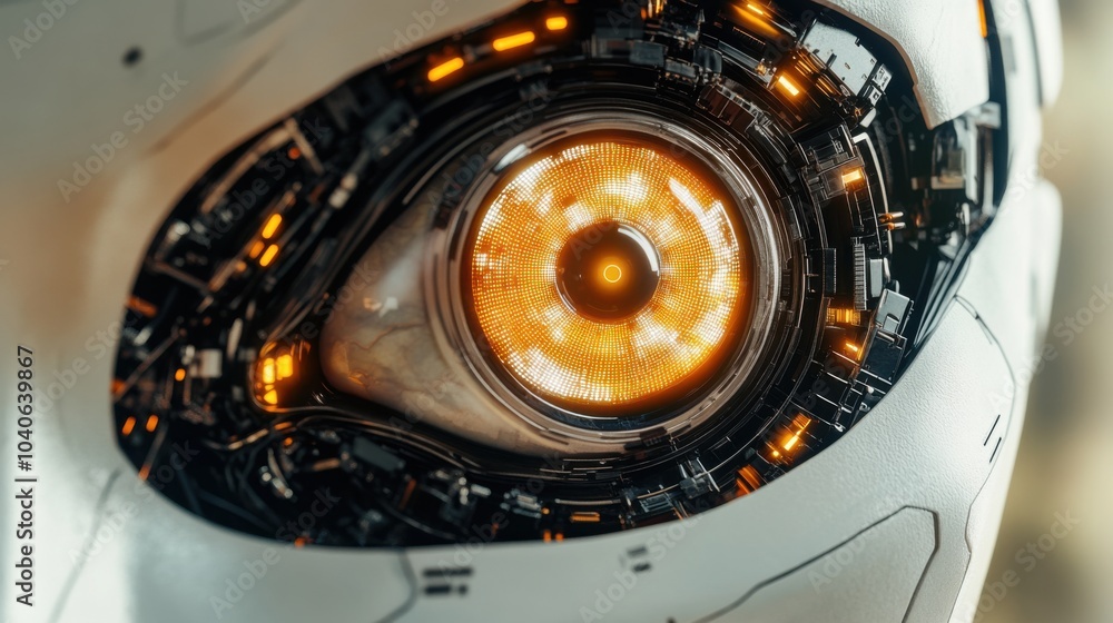 A detailed view of a humanoid robot's eye with a glowing lens and complex circuitry around it, set against a plain background, High-tech style A detailed view of a humanoid robot's eye with a glowing lens and complex circuitry around it, set against a plain background, High-tech style