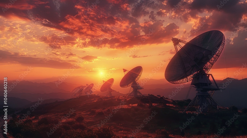 Stunning sunset view of seti antenna array silhouetted against a vibrant sky of exploration Stunning sunset view of seti antenna array silhouetted against a vibrant sky of exploration