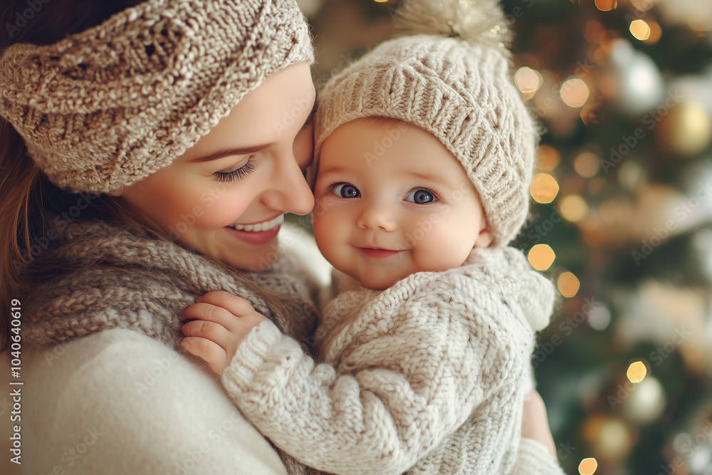 A mother and her baby smile warmly while dressed in matching cozy knit hats and sweaters, standing in front of a beautifully lit Christmas tree. A mother and her baby smile warmly while dressed in matching cozy knit hats and sweaters, standing in front of a beautifully lit Christmas tree.