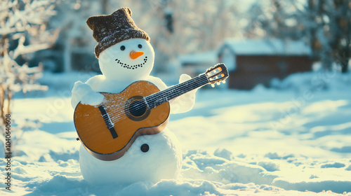 Snowman guitar and music winter with christmas snow holiday and play celebration joy, singing musician with cheerful musical instrument
