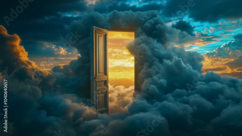God heaven and door sky with sunny dream light and white entrance open, paradise divine with spiritual heavenly sunlight
