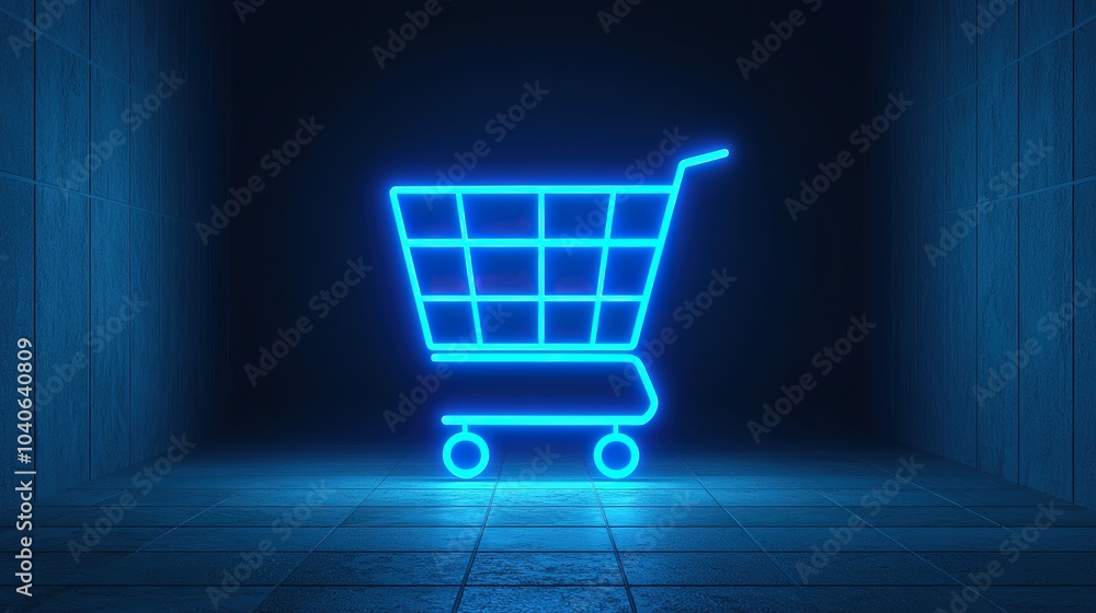 A glowing blue shopping cart is displayed in a dimly lit space, symbolizing e-commerce and digital shopping. A glowing blue shopping cart is displayed in a dimly lit space, symbolizing e-commerce and digital shopping.