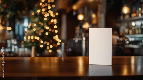 Wallpaper Mural Mock up. White blank sheet of paper mockup stands on table, bar counter, blurred New Year cafe, christmas tree with lights. Christmas and New Year holidays. Free space for text Torontodigital.ca
