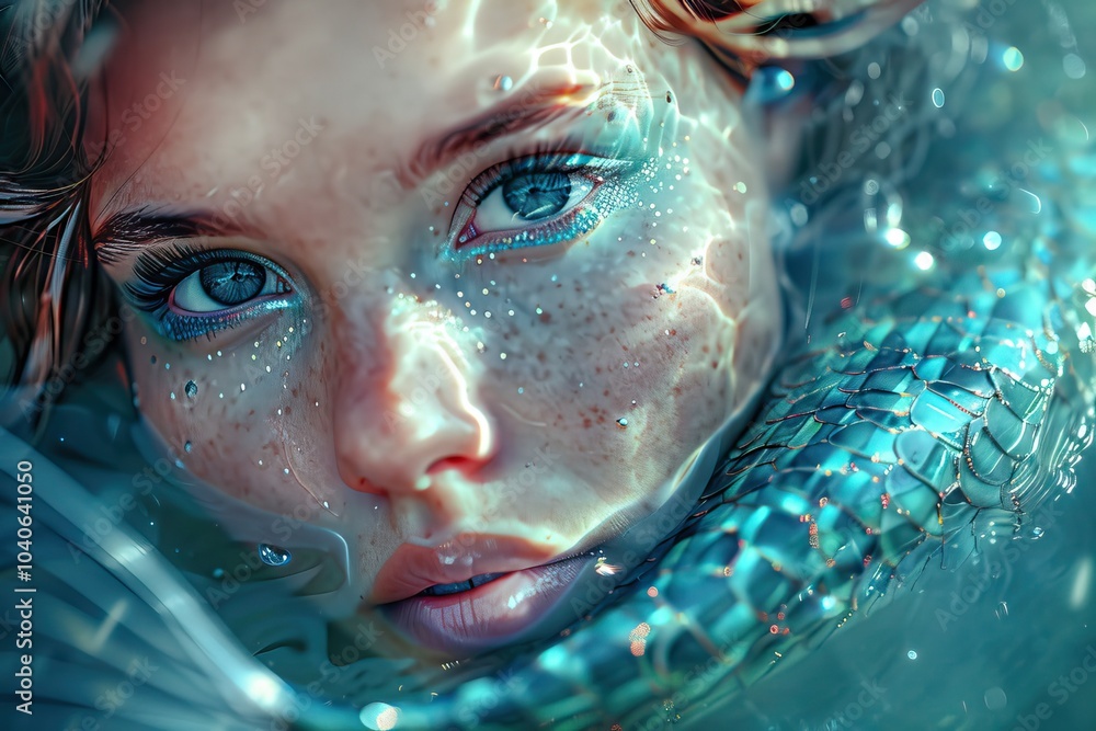 Mermaid Looks from Water, Young Girl Beautiful Face, Big Eyes Underwater, Mermaid Portrait Closeup Mermaid Looks from Water, Young Girl Beautiful Face, Big Eyes Underwater, Mermaid Portrait Closeup