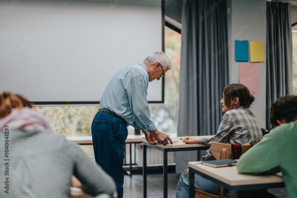 An elderly professor engages with students in a modern classroom setting, fostering a supportive educational atmosphere. The focus is on individual attention and active learning. An elderly professor engages with students in a modern classroom setting, fostering a supportive educational atmosphere. The focus is on individual attention and active learning.