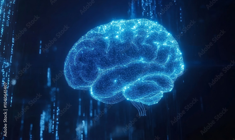 Blue glowing wireframe human brain showing activity on black background Blue glowing wireframe human brain showing activity on black background