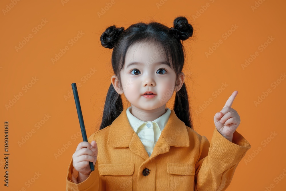 Young girl in bright orange attire with pigtails, gesturing as if explaining something with a pencil in hand. Young girl in bright orange attire with pigtails, gesturing as if explaining something with a pencil in hand.