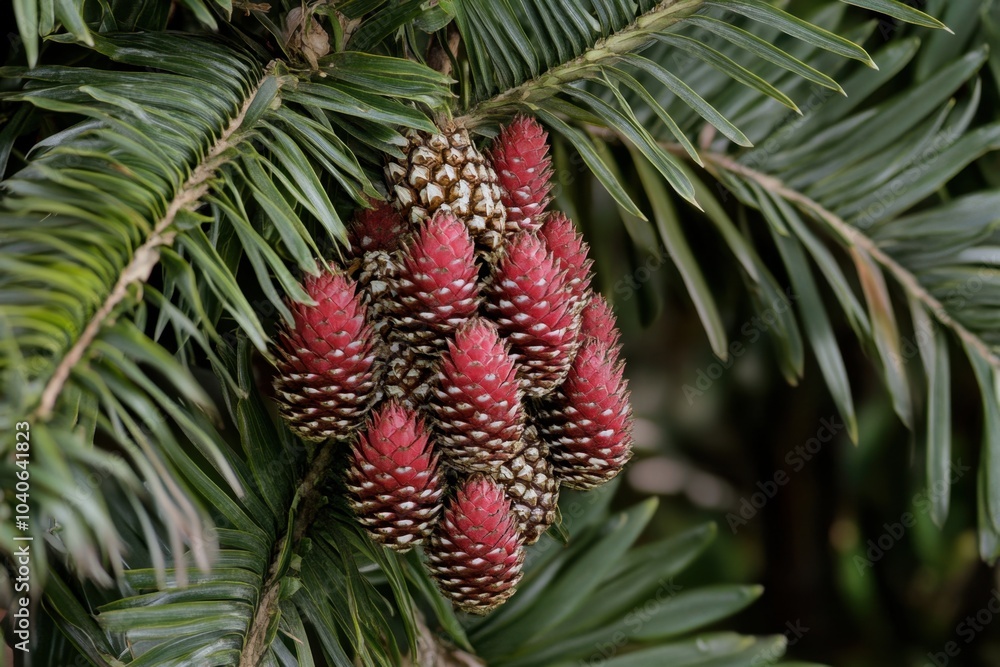 Obraz premium Vibrant red pine cones clustered on green foliage
