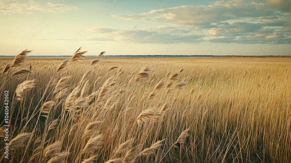 Obraz premium A vast open field with tall grasses swaying in the wind, reflecting the peaceful connection and affection within nature, soft natural lighting, delicate grass details, expansive horizon