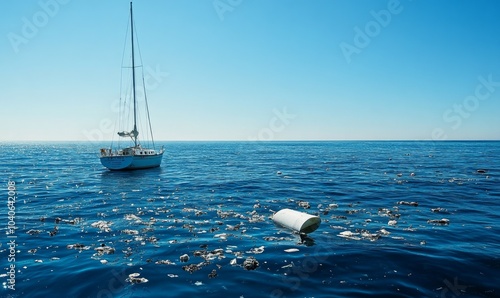 Waste floating on the ocean surface near a sailboat under a clear blue sky during mid-afternoon