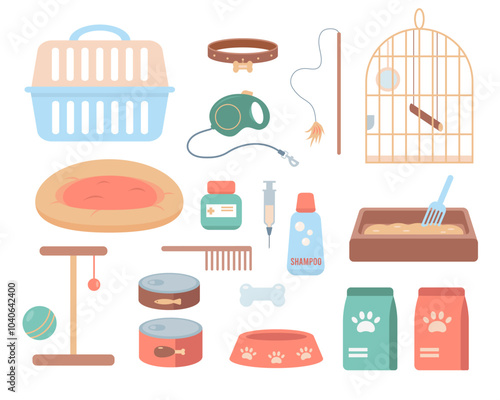 Set of accessories and food for pet. Dogs and cats supplies, pet shop and care equipment, bird cage and toys. Pet shop goods icons. Vector icons illustration isolated on white background.