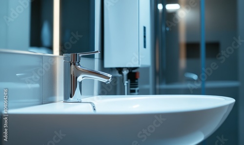 Closeup water heater in a modern bathroom with mirror and washbasin sink