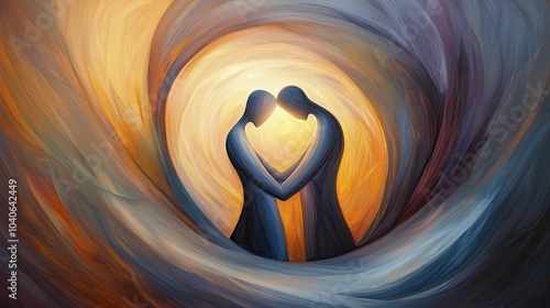 devotedness expressed through abstract figures merging into a swirl of color, soft brushstrokes and warm lighting creating a calm, peaceful mood, their connection glowing softly