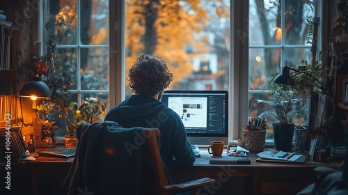 A man works on his computer in a home office with a large window overlooking a fall scene.