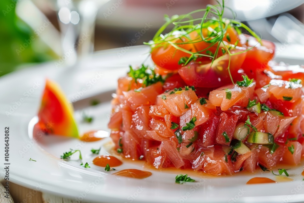 Tuna Tartar, Tatar or Tar-Tar, Chopped Red Fish Fillet, Vegetables and Greens on White Plate Tuna Tartar, Tatar or Tar-Tar, Chopped Red Fish Fillet, Vegetables and Greens on White Plate