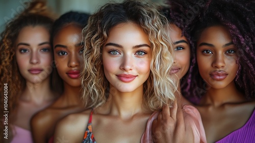 A group of diverse women standing together, each with a hand on another's shoulder, symbolizing unity and mutual support