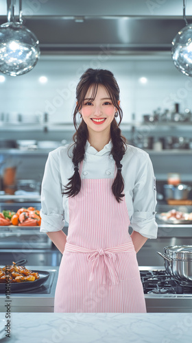 A friendly Asian woman wearing a white shirt and a stylish pastel pink striped apron, standing on the opposite side of a modern kitchen counter in a professional cooking show kitchen.

