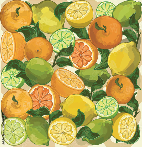Citrus slices fresh seamless pattern decorated with leaves lemon lime fruit summer food illustration isolated on white background