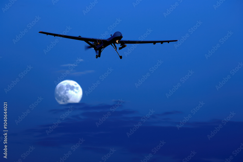 Naklejka premium A combat drone flies in the evening sky against the background of the moon.