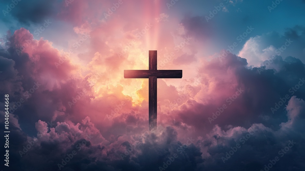 A silhouette of a cross stands against vibrant clouds and a radiant sunrise, symbolizing hope, faith, and enlightenment. A silhouette of a cross stands against vibrant clouds and a radiant sunrise, symbolizing hope, faith, and enlightenment.