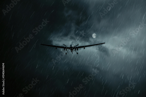 A small military drone flying in the rainy sky, with the moon visible below it against a rainy sky. 