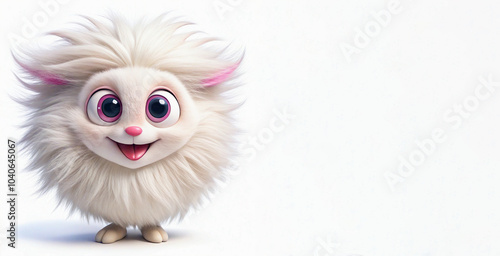 A fluffy white cartoon character with large eyes and pink-tipped ears, smiling happily with arms open wide, exuding charm.