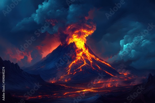 Erupting Volcano With Red-Hot Lava Flowing Down Its Sides