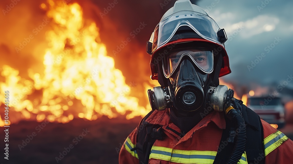 A firefighter stands firm in front of a massive blaze, wearing protective gear and a mask, showcasing bravery and resilience amidst chaos. A firefighter stands firm in front of a massive blaze, wearing protective gear and a mask, showcasing bravery and resilience amidst chaos.