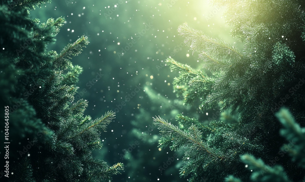 christmas decorated green spruce trees in winter forest, Abstract fantasy festive christmas tree background header wallpaper, winter abstract landscape. Sunlight in the winter forest christmas decorated green spruce trees in winter forest, Abstract fantasy festive christmas tree background header wallpaper, winter abstract landscape. Sunlight in the winter forest