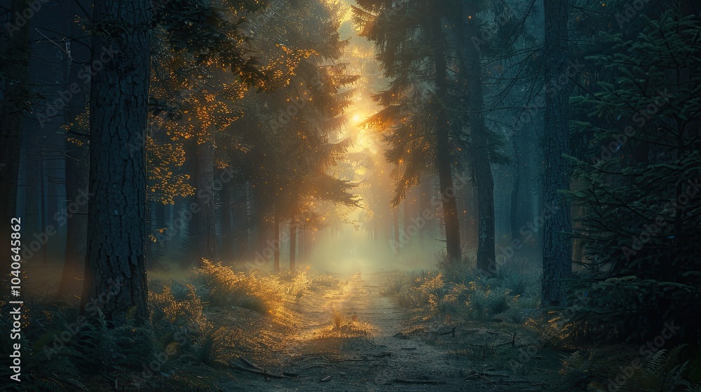 A forest with trees that glow with an internal light, illuminating the path ahead A forest with trees that glow with an internal light, illuminating the path ahead