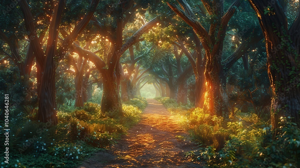Obraz premium A forest with trees that glow with an internal light, illuminating the path ahead