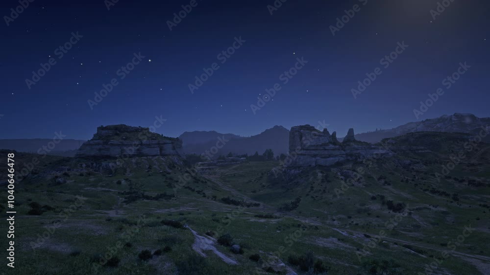 3D. USA. Nebraska. Scotts Bluff. Mitchell Pass on a starry night 3D. USA. Nebraska. Scotts Bluff. Mitchell Pass on a starry night