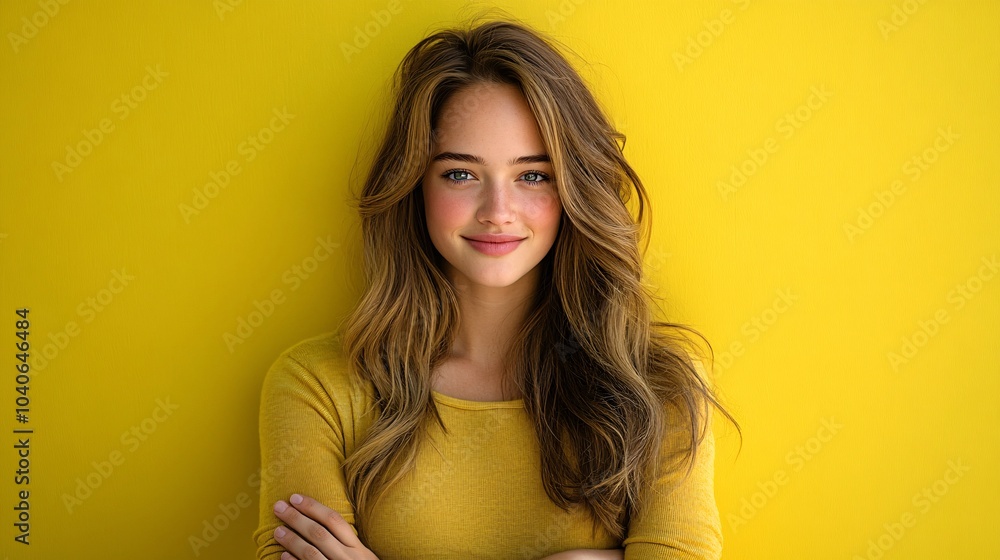 a young woman with long hair, standing with her arms crossed and pointing to the left. The background is a solid bright yellow a young woman with long hair, standing with her arms crossed and pointing to the left. The background is a solid bright yellow