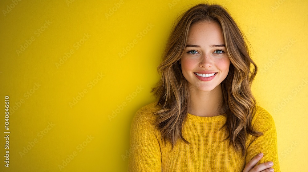 a young woman with long hair, standing with her arms crossed and pointing to the left. The background is a solid bright yellow a young woman with long hair, standing with her arms crossed and pointing to the left. The background is a solid bright yellow