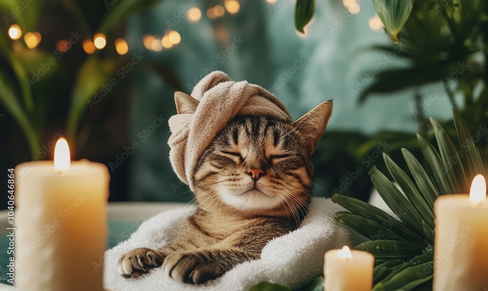 Cat relaxing in spa bath with candles and green plants. Cute cat in a turban on spa treatments. Cat relaxing in spa bath with candles and green plants. Cute cat in a turban on spa treatments.