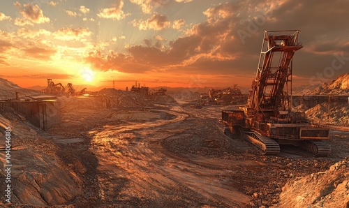 Sunset panorama of mine site and heavy machinery