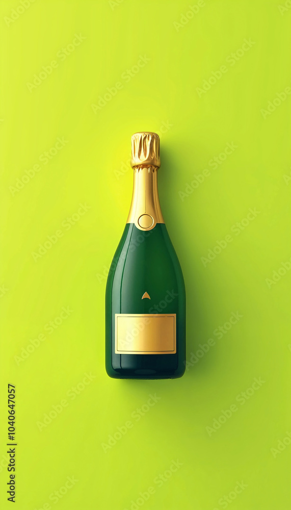 Elegant green champagne bottle with golden label on bright green background Elegant green champagne bottle with golden label on bright green background