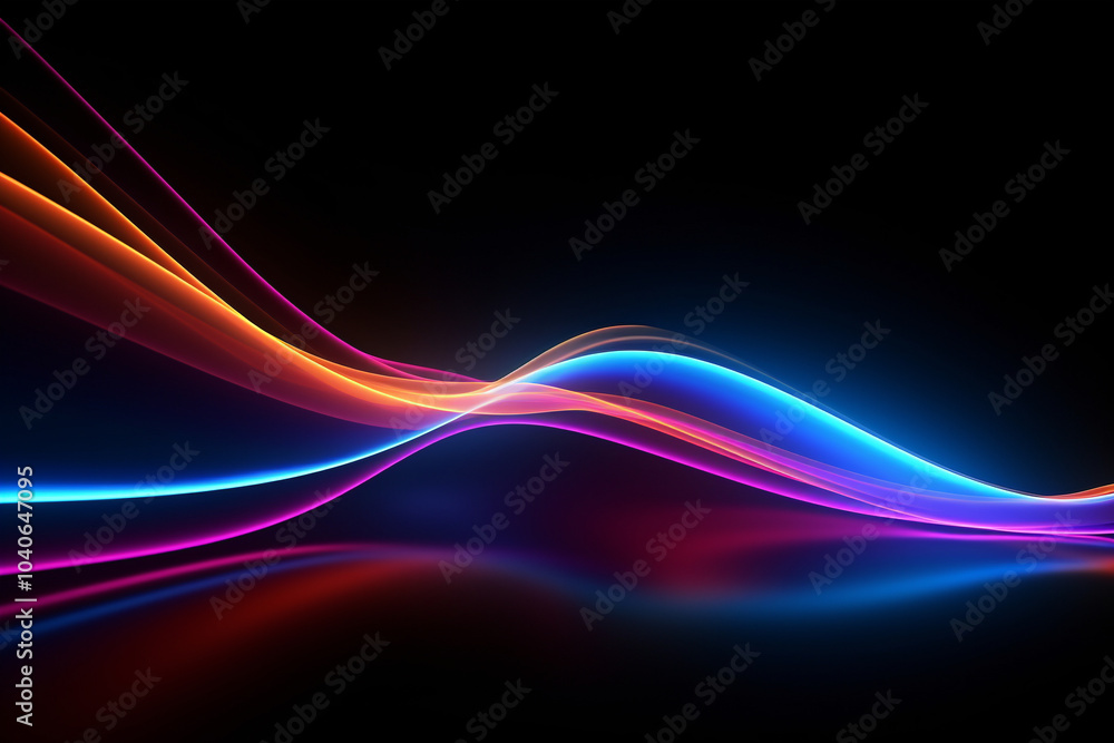 Neon waves, colorful curved lines, music and cyber style on black background. Concept template for backgrounds, wallpapers and overlays. New Year and holiday style, sparkling highlights Neon waves, colorful curved lines, music and cyber style on black background. Concept template for backgrounds, wallpapers and overlays. New Year and holiday style, sparkling highlights