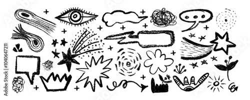 Collection of hand drawn colorful charcoal doodle shapes and squiggles in childish girly style. Pencil drawings, bright color chalk icons. Crown,  meteorite, stars, flower, eye and rainbow 