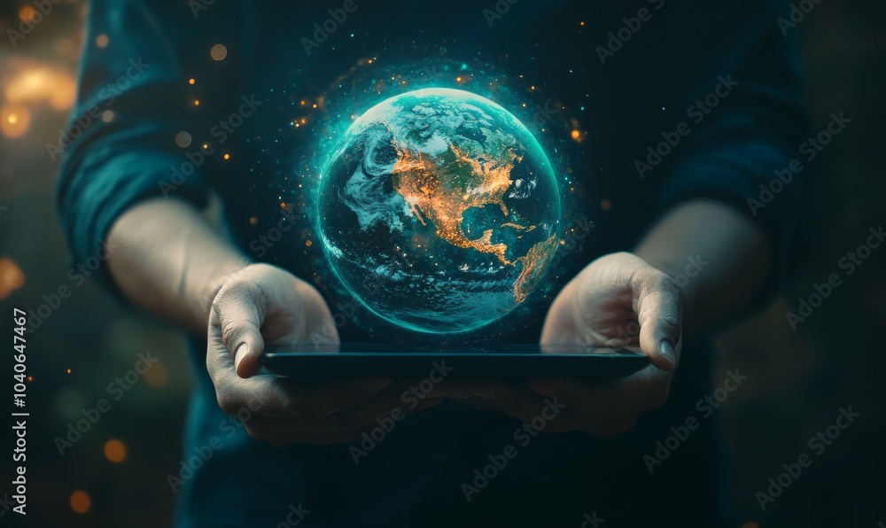 Businessman holding tablet with hologram of planet earth above Businessman holding tablet with hologram of planet earth above