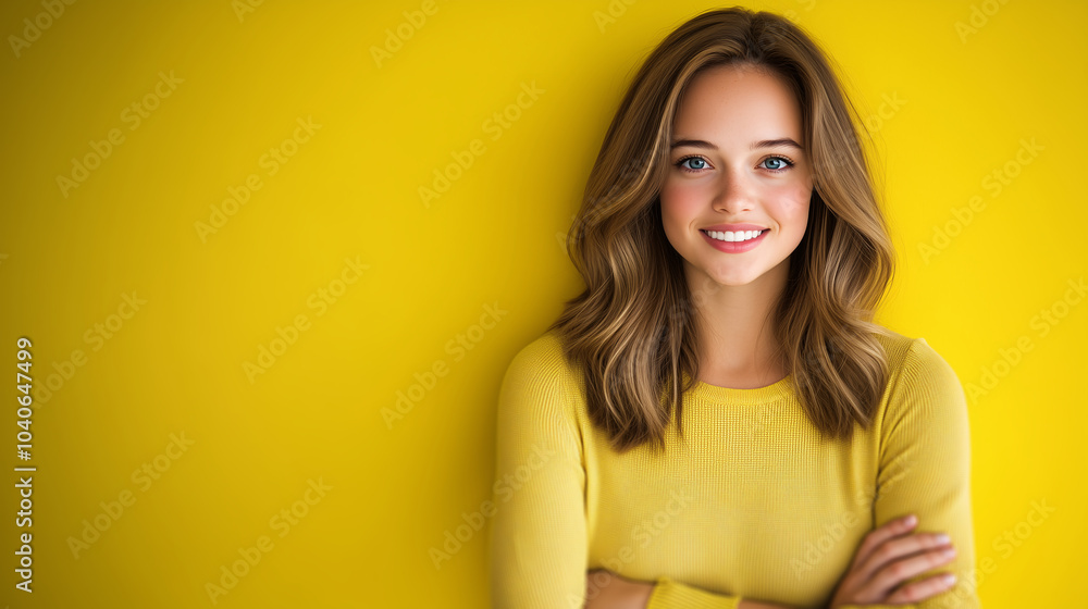 a young woman with long hair, standing with her arms crossed and pointing to the left. The background is a solid bright yellow a young woman with long hair, standing with her arms crossed and pointing to the left. The background is a solid bright yellow