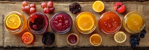 Various Homemade Jam Set, Pozzy Big Collection with Tea and Sliced Lemon on Rustic Tablecloth photo