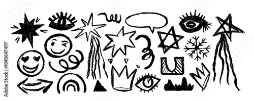 Doodle grunge rock, punk and geometric shapes icon set. Hand drawn crayon lightnings, sculls, crown, stars, eye and squiggles. Punk doodle icons for stickers, collages. Pencil and charcoal scribbles